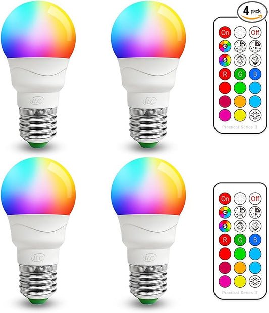 ILC RGB LED Light Bulb, Color Changing Light Bulb, 40W Equivalent, 450LM, 2700K Warm White 5W E26 Screw Base RGBW, A15 Color Lights Bulb - 12 Color Choices - Timing Infrared Remote Control (4 Pack)