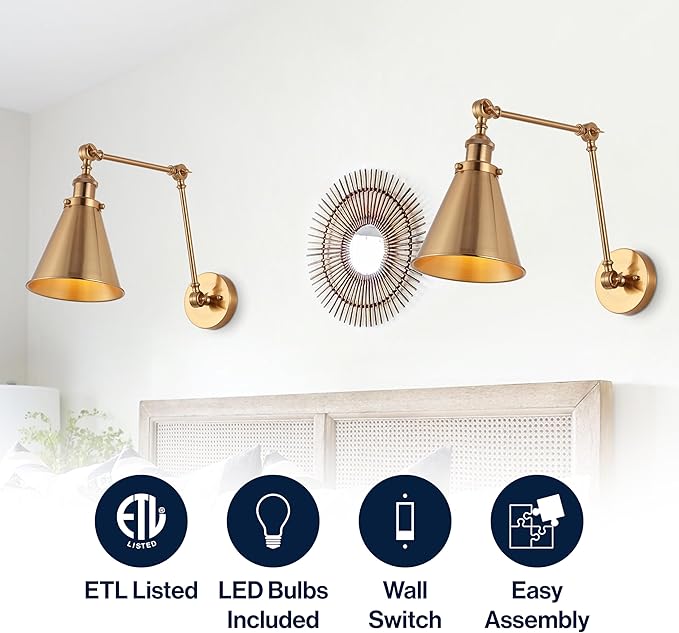 JONATHAN Y 7" Brass Gold Classic Industrial Metal Adjustable Arm LED Wall Sconce for Bedside Reading, Farmhouse Swing Arm Wall Lamp with Metal Shade, Hardwired (JYL7461A-SET2)
