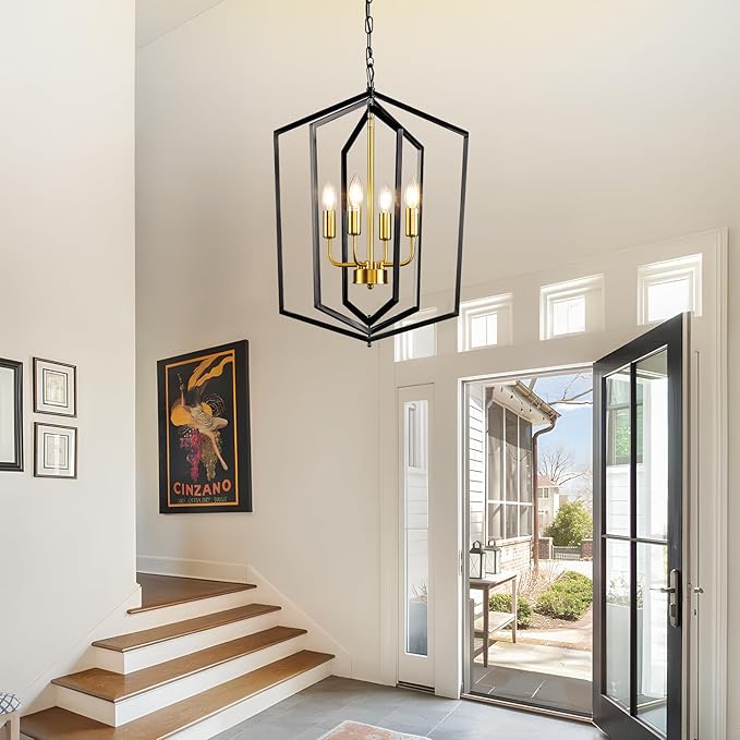 WJShome 18.1" Black and Gold Chandelier, 4-Light Farmhouse Dining Room Light Fixture, Modern Foyer Lighting Fixtures, Rustic Lantern Pendant Light, for Kitchen Island,Staircase,Entryway