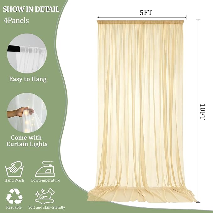 Champagne Tulle Backdrop Curtains with Lights String for Parties - 20×10Ft Sheer Backdrop Curtains with Lights for Wedding, Baby Shower, Birthday Party, Photo Shoot Background Decoration