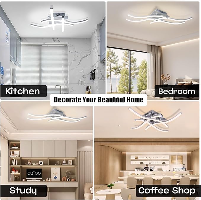 27.5Inch Modern LED Ceiling Light Fixture, 36W Stepless Dimming Curved Wave Ceiling Lamp with Remote for Bedroom, Kitchen, Hallway, Foyer Library Dining Room Silver