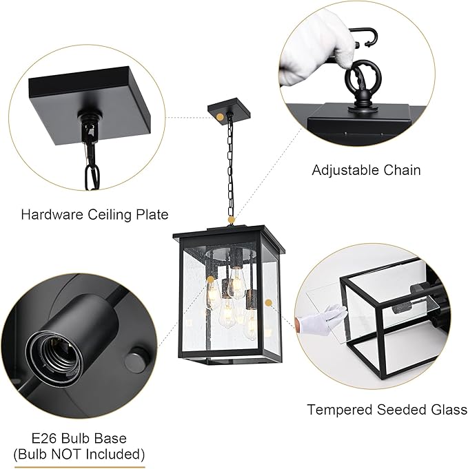 TODOLUZ 4-Lights Large Outdoor Pendant Light Fixture, Farmhouse Waterproof Black Porch Hanging Lighting with Adjustable Chain, Seeded Glass Panel & E26 Bulb Base for Patio Garden Entryway