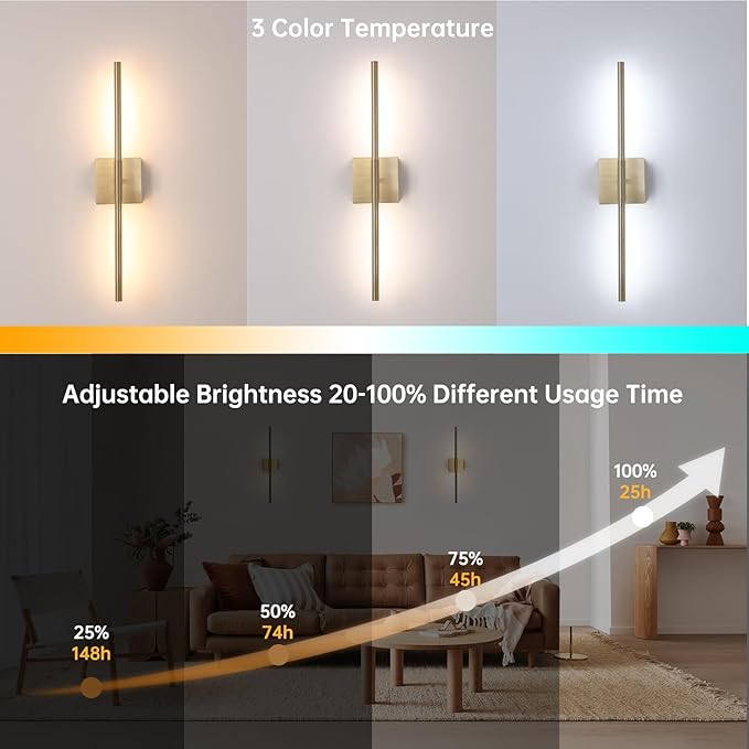 Shenmoyl Battery Operated Wall Sconce Set of 2, 8000mAh Wireless Wall Sconces, 3000K-6000K Dimmable, 350°Rotate, Indoor Wall Lights for Bedroom Living Room Bathroom, Gold, 23.6 Inch