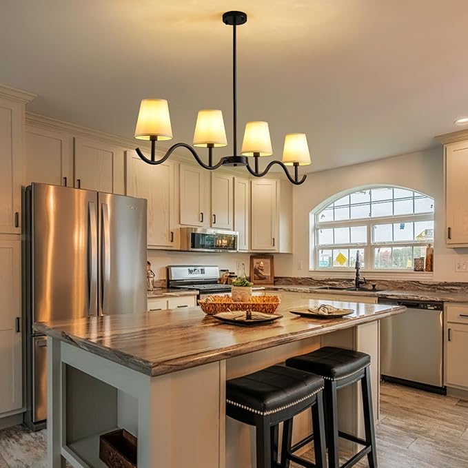 4-Light Linear Chandelier, 47"Black Farmhouse Light Fixture for Dining Room Kitchen Island, Modern Pendant Lighting with Fabric Shades, Adjustable Height Kitchen Island Light Fixture,E12 Base