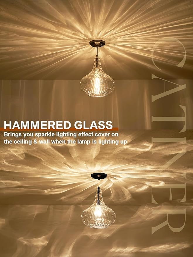 Glass Large Pendant Lights for Kitchen Island Blown Glass Pendant Light Clear Hammered Shade Hanging Ceiling Lights with Black Finish for for Kitchen Island, Sink, Hallway, Living Room 11 inch