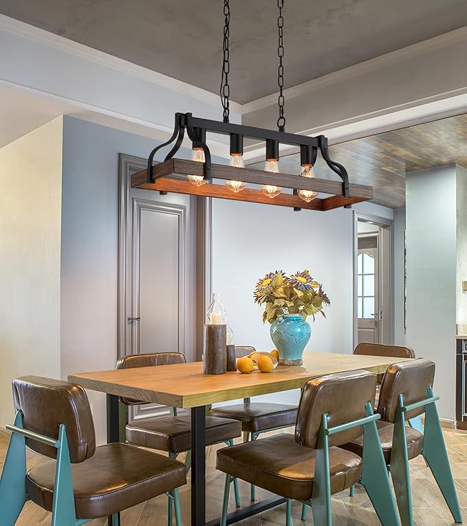 MEIXISUE Rustic Kitchen Island Dining Room Light Fixture Farmhouse Linear Chandelier Black and Retro Wood Finish 4-Light Industrial Metal Hanging Pendant Light UL Listed L28.3 W10.6