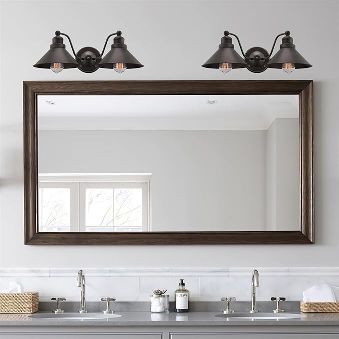 Kira Home Welton 19" 2-Light Modern Farmhouse Vanity Light with Dual Funnel Shades, Industrial Dark Bronze Wall Sconce Bathroom Light, Brushed Dark Bronze Finish