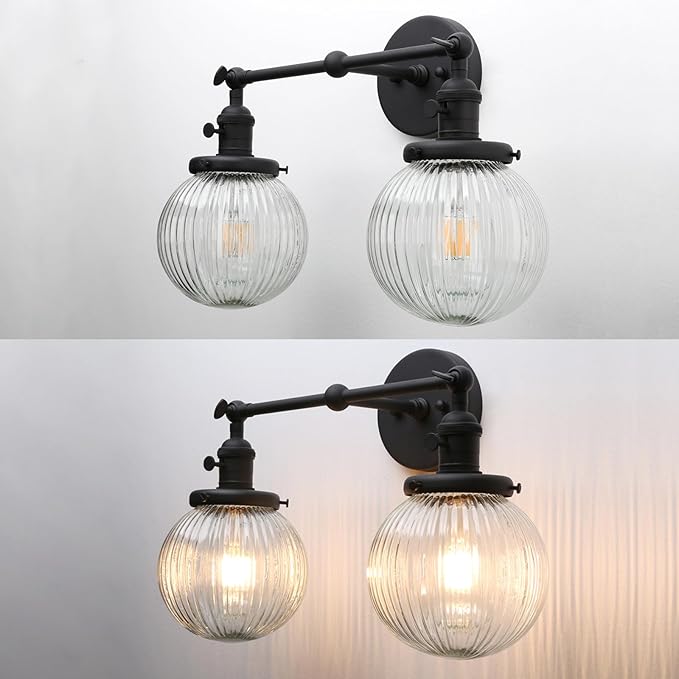PERMO 2 Lights Sconce Industrial Wall Sconce Lighting with Ribbed Globe Glass Lampshade Vintage Double Sconce Hardwired Wall Sconce with Switch