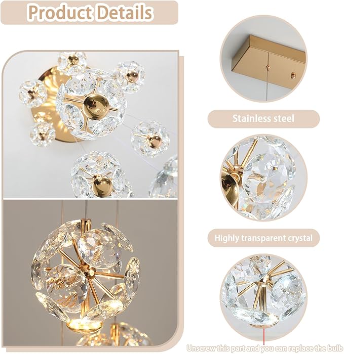 ykolupty 5-Lights Crystal Globe Pendant Light Kitchen Island Gold Linear Chandeliers for Dining Room,LED Dimmable Globe Chandelier for Kitchen Living Room Foyer