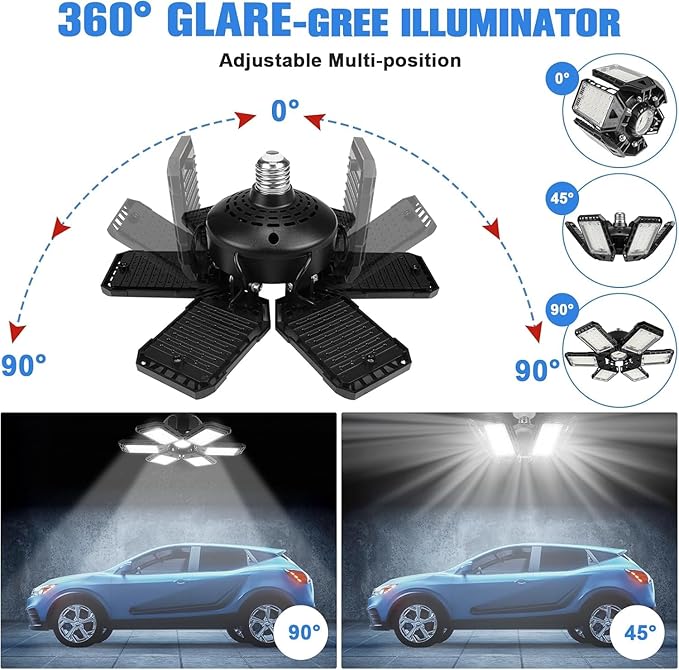 LED Garage Lights 4 Pack -180W, 18000LM 6500K Led Shop Light with 6+1 Deformable Panels, Basement Barn Light Garage Ceiling Lights, E26/E27 for Garages, Warehouse, Shop
