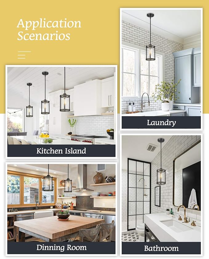 Farmhouse Pendant Light Fixtures, 1-Light Black Glass Pendant Lights for Kitchen Island, Industrial Rustic Mini Hanging Lighting with Rod, Wood Finish, Adjustable Length, OS-3014