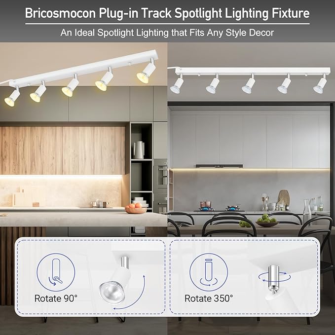 Plug-in Track Lighting, LED Track Lighting Fixtures Ceiling Kit, 30" White Plug in Wall Light with 14.8ft Cord, 3-Light Ceiling Spotlight,Rotatable Kitchen Light Head for Bedroom Hallway(GU10,NO Bulb)