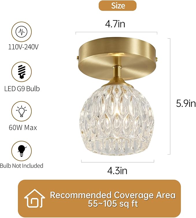 4.3'' Semi Flush Mount Ceiling Light, Light Luxury Ceiling Light Fixture, Clear Crystal Lampshade Vintage Hallway Lights Fixtures, Brass Base Flush Mount Ceilings Lights for Bedroom 【No Bulb Included】