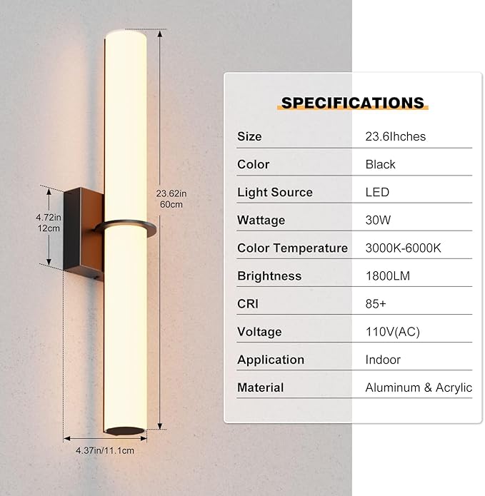 24 Inch 30W Led Bathroom Vanity Light,3000K-6000K Dimmable Vanity Lighting Fixtures with White Acrylic Lampshade,Indoor Hardwired Wall Light Over Mirror for Mirror Restroom(Black,1 Pack)