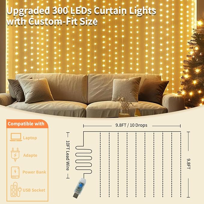 Fairy Curtain Lights, 300 LED Upgraded Tangle-Free Hanging Lights with Remote, USB Plug in String Lights for Bedroom Wall Window Wedding Party Xmas Home Décor - 9.8 x 9.8 Ft, Warm White