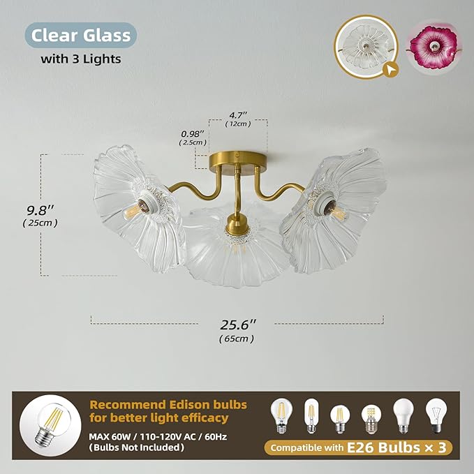 Flower Glass 3 Lights Ceiling Light - Gold Vintage Floral Semi Flush Mount Chandelier Lighting Fixtures - Mid Century Modern Art Deco Lamps for Bedroom Bathroom Hallway Foyer Hall Kitchen Living Room