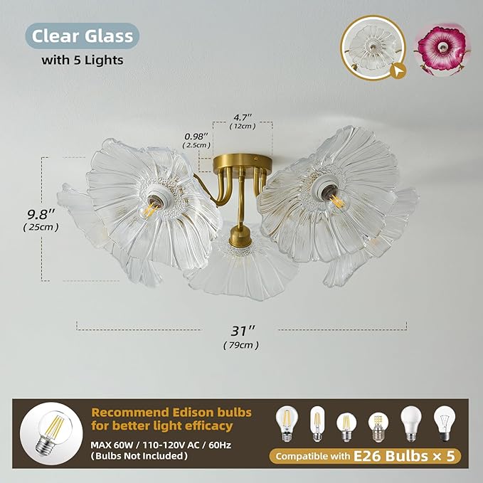 Flower Glass 5 Lights Ceiling Light - Gold Vintage Floral Semi Flush Mount Chandelier Lightin Fixture - Mid Century Modern Art Deco Lamp for Bedroom Bathroom Hallway Hall Laundry Kitchen Dining Room