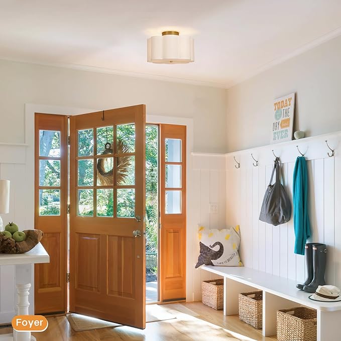 Modern Flush Mount Ceiling Light,3-Light Nursery Light Fixture with Petal-Type White Fabric Shade,12.6 Farmhouse Drum Ceiling Light Fixture for Bedroom Living Room Kitchen Hallway