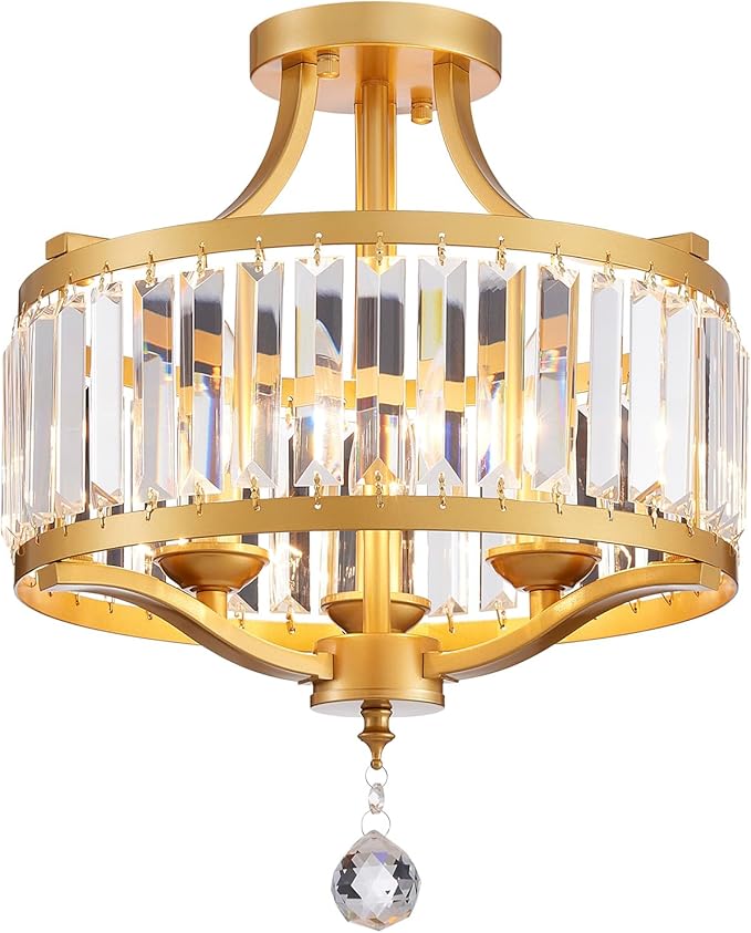 Modern 3-Light K9 Crystal Chandelier Ceiling Light, Handmade Crystal Gold Ceil Light Fixture for Dining Room, Living Room, Bedroom, Gold Frame, E12 Socket, D13inch*H17inch