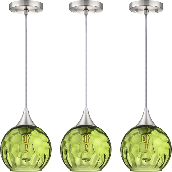 6.3" Hammer Dark Green Glass Pendant Light 3 Pack Pendant Ceiling Light Fixtures Brushed Nickel Finish Modern Farmhouse Dinning Over Sink Adjustable Height Cord