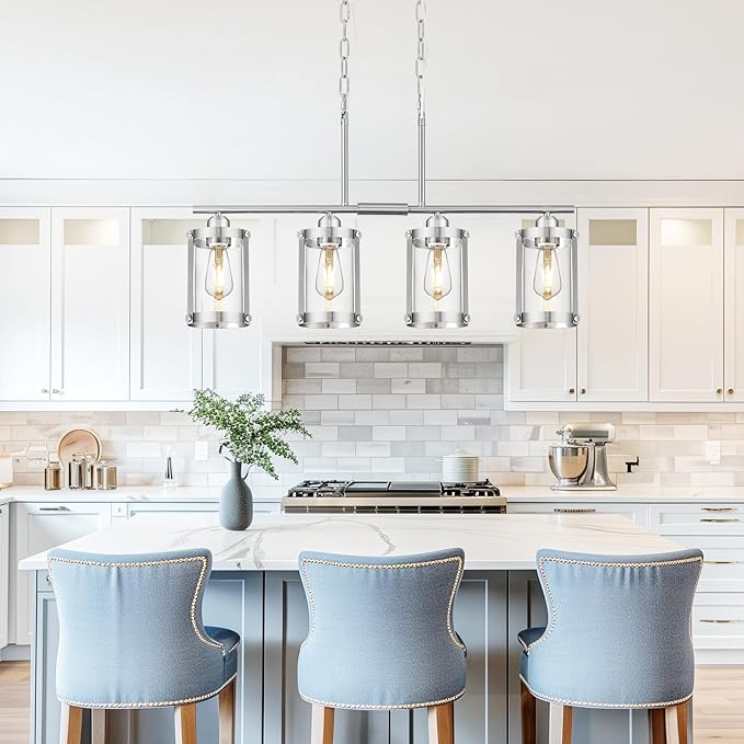4-Light Kitchen Island Lighting, Brushed Nickel Linear Dining Room Light Fixtures with Clear Glass, Modern Industrial Chandelier Pendant Light for Kitchen Island Dining Room, OS-3014-4ISBN