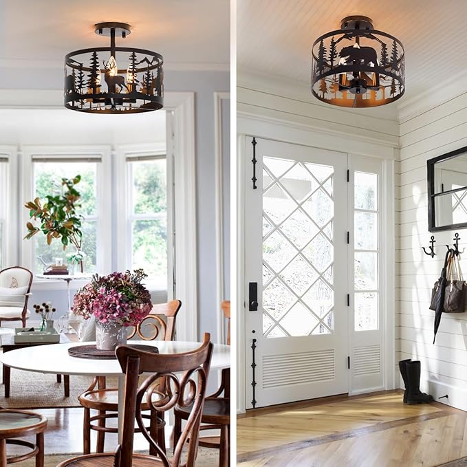 Rustic Semi-Flush Mount Ceiling Light Fixture,3-Light E12 Base Black Round Farmhouse Metal Light Fixtures for Kitchen, Hallway, Living Room, Industrial Style with Deer, Bear, Tree Design -Frame