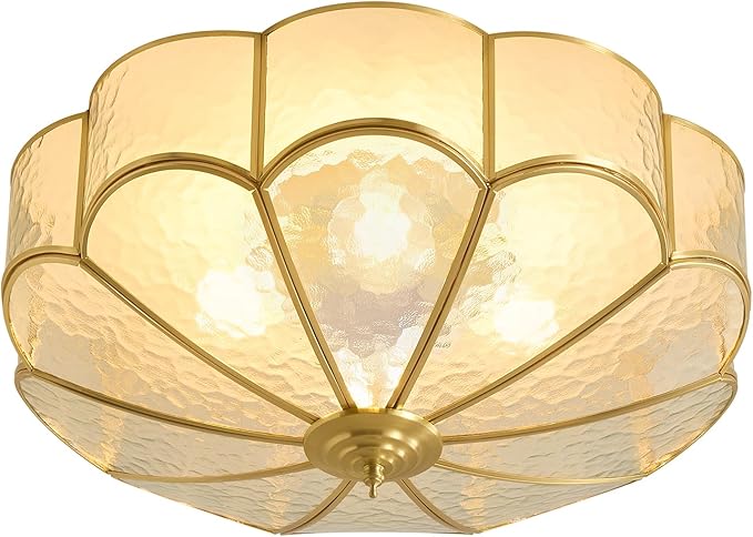 Brass Vintage Gold Ceiling Light - Large 17.7 Inch Hammered Glass Mid Century Flush Mount Lighting Fixtures - Art Deco Antique Modern Lamps for Hallway Bedroom Kitchen Entryway Laundry Foyer Bathroom