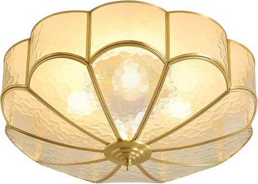 Brass Vintage Gold Ceiling Light - Large 17.7 Inch Hammered Glass Mid Century Flush Mount Lighting Fixtures - Art Deco Antique Modern Lamps for Hallway Bedroom Kitchen Entryway Laundry Foyer Bathroom