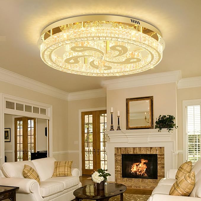 Modern Crystal Chandeliers for Dining Room Flush Mount Ceiling Chandelier for Living Room Dining Room Ring LED Crystal Ceiling Light (Round,32in Gold,Dimmable 2700K-6500K)
