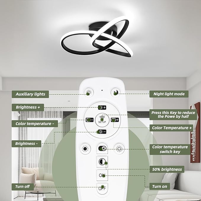CANEOE Modern LED Ceiling Light Fixture,42W Dimmable Flush Mount Ceiling Light with Remote Black Close to Ceiling Light,3-Color Ceiling Lamp for Bedroom Living Room Kitchen Dining Room Office