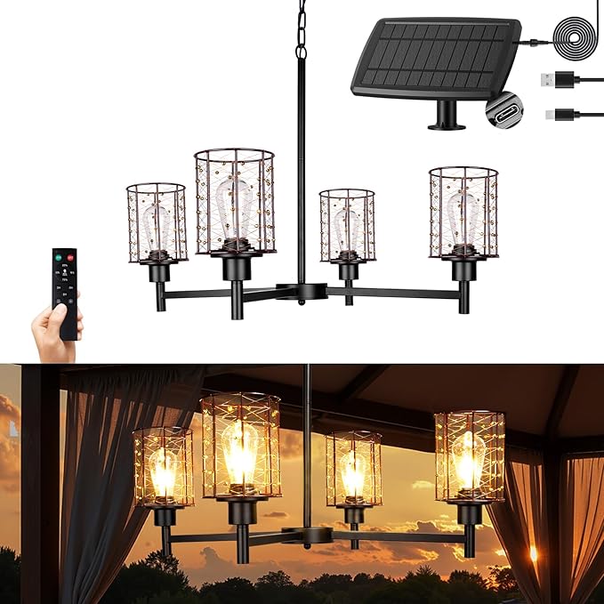 Outdoor Solar Gazebo Chandelier, 4-Light 28" Hanging Copper Wire Solar Pendant Lights, Outdoor Chandelier for Gazebo, Pergola, Porch