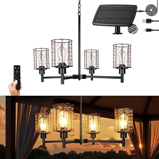 Outdoor Solar Gazebo Chandelier, 4-Light 28" Hanging Copper Wire Solar Pendant Lights, Outdoor Chandelier for Gazebo, Pergola, Porch