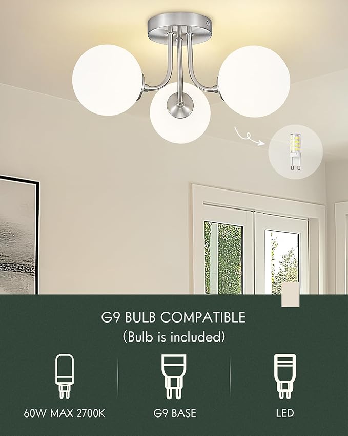 3-Globe Brushed Nickel Semi Flush Mount Ceiling Light in a Modern Farmhouse Design is Ideal for Living Rooms, Bedrooms, or Dining Rooms. Model:CKCL4845-3W-BN
