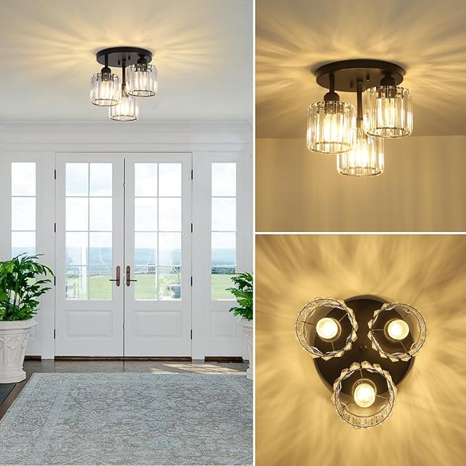 Crystal Semi Flush Mount Ceiling Light,3-Light Modern Close to Ceiling Light Fixtures,Black Kitchen Light Fixtures with Clear Crystal Shade,Hallway Light Fixtures for Hallway Bedroom Bathroom