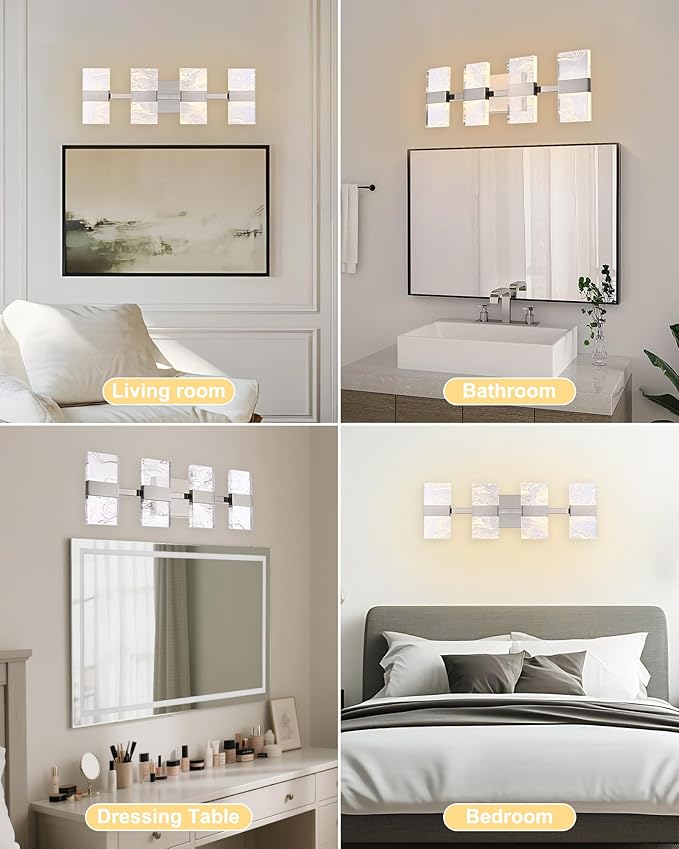 WINSEHN Brushed Nickel LED 3000K Bathroom Light Fixture, Modern 4-Lights Vanity Lighting with Smoke Acrylic Shades, Wall Lamp Over Mirror for Kitchen Bedroom (Integrated Led Chips Included)