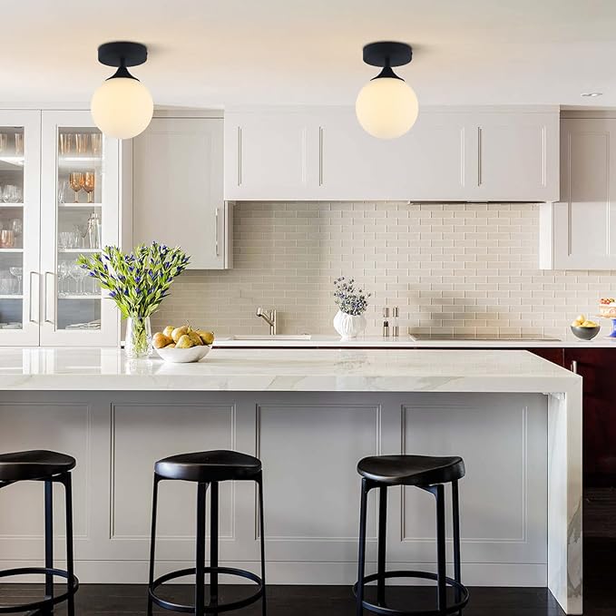 KCO Lighting Mid Century Modern Semi Flush Mount Ceiling Light Fixture White Globe Flush Mount Ceiling Light Farmhouse Black Ceiling Light Milk Glass Hallway Close to Ceiling Light