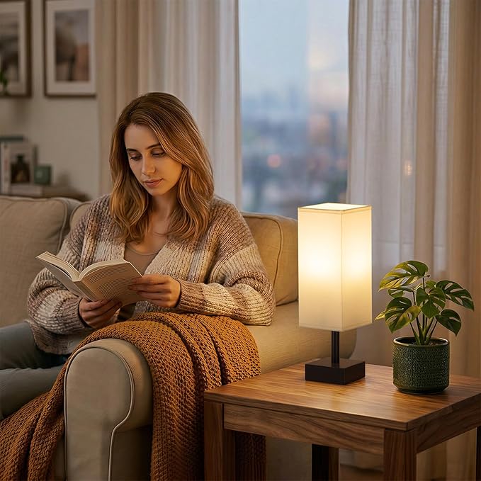 Bedside Lamp for Bedroom with White Shade, Small Lamp for Living Room,End Table, Button Switch(Bulb not Included)