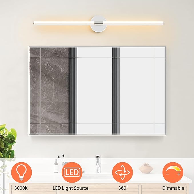 Bathroom Vanity Lights 39 inch Long Bathroom Light Fixtures Over Mirror Hardwired Dimmable LED 360° Full Lighting Vanity Light Bar Modern Wall Sconce Warm Light for Bedroom Living Room - Chrome