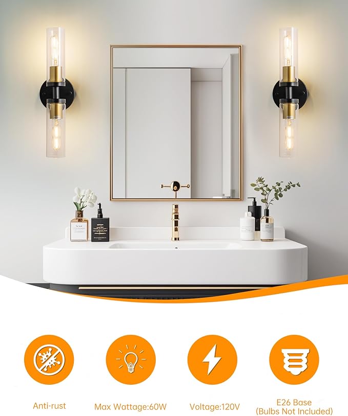 KSRYSZCQ Wall Sconces Set of Two Black and Gold Bathroom Wall Sconce with Clear Glass 15.75" Modern Wall Sconces for Bathroom Living Room Hallway Bedroom Kitchen
