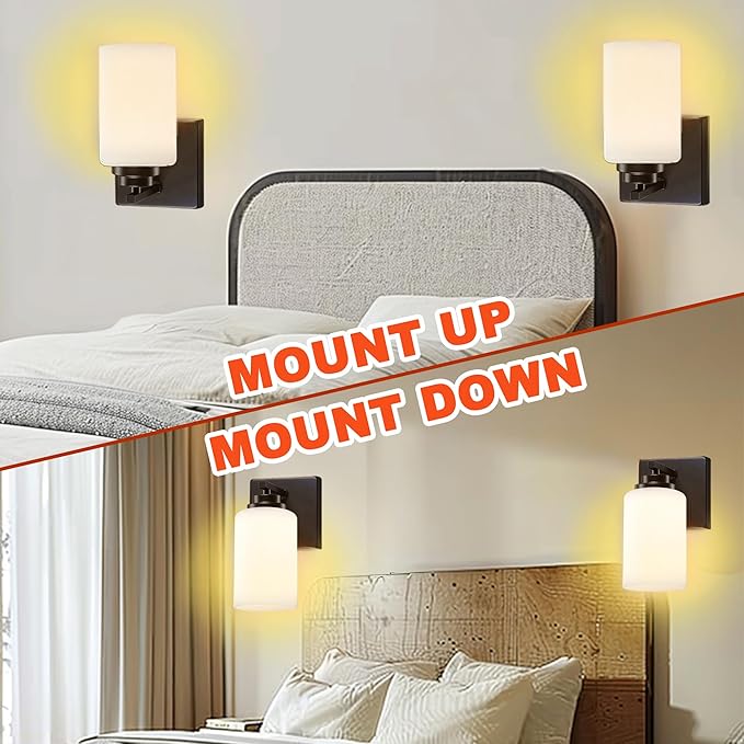 Loyareal Wall Sconces with Switch Set of Two, Bedside Wall Lamps for Bedroom, Modern Bathroom Light Fixtures with Milk Glass Shade, Black Sconces Wall Lights for Hallway, Living Room, Kitchen