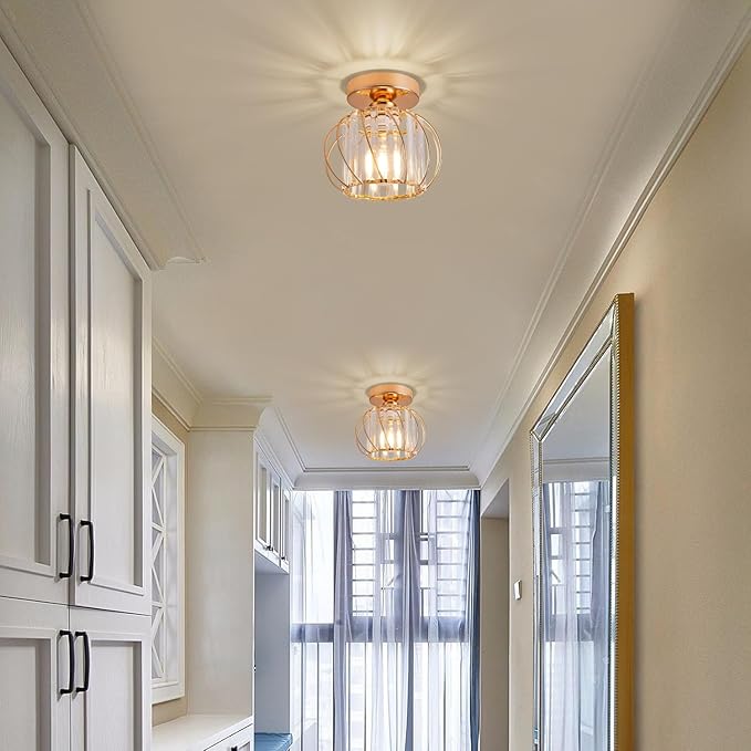 Semi Flush Mount Crystal Ceiling Light Pack of 2, Crystal Metal Cage Hallway Ceiling Lamps, Farmhouse Ceiling Lamp Fixture, Industrial Crystal Chandelier for Corridor Bathroom Kitchen (Gold, 7.5 Inch)