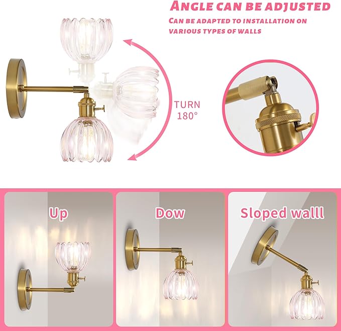 Wall Light Fixture with Tulip Pink Glass Lampshade, Indoor Wall Light for Bedroom Bathroom, Bedside Wall Lamp