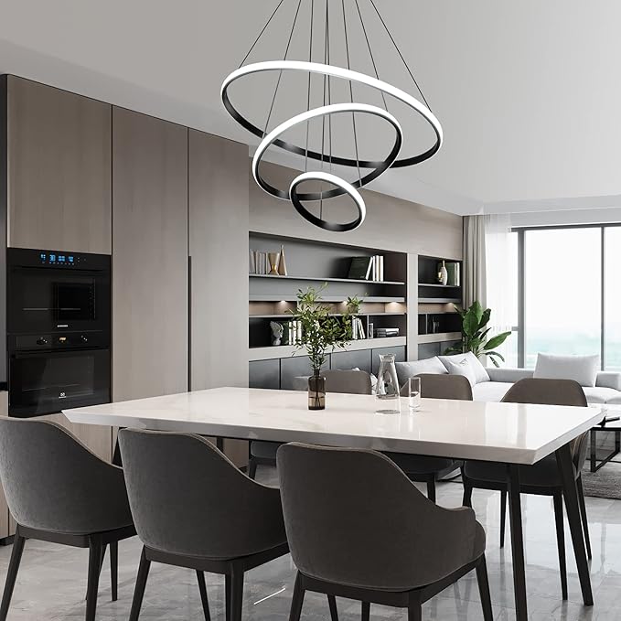 Viruhaka Modern LED Pendant Light, Adjustable Height Circular Entrance Black 3 Ring Circular Chandelier Fixture, Suitable for Restaurants, Kitchens, Islands, Living Rooms, Cafes, Etc. (4000K)