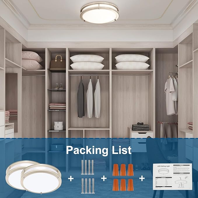 OOWOLF 2-Pack 36W 13inch LED Flush Mount Ceiling Light Fixture Dimmable Brushed Nickel, Easy to Install LED Ceiling Lamp Fixture Without Flicker, Super Bright 3600LM 5000K Daylight White