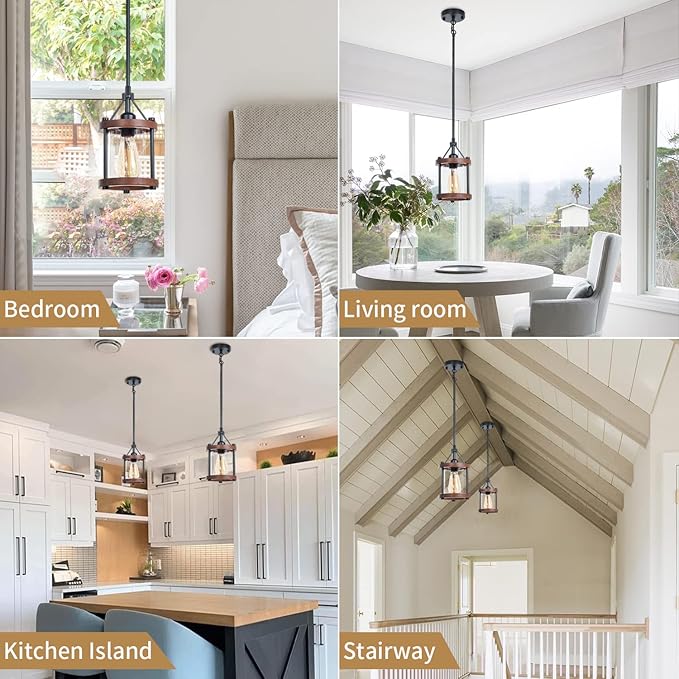 Farmhouse Pendant Light, Rustic Walnut Wood Metal Cage Hanging Light Fixtures with Glass, Adjustable for Flat and Slop Ceiling, Pendant Lighting for Kitchen Island Foyer Hallway,2-Pack