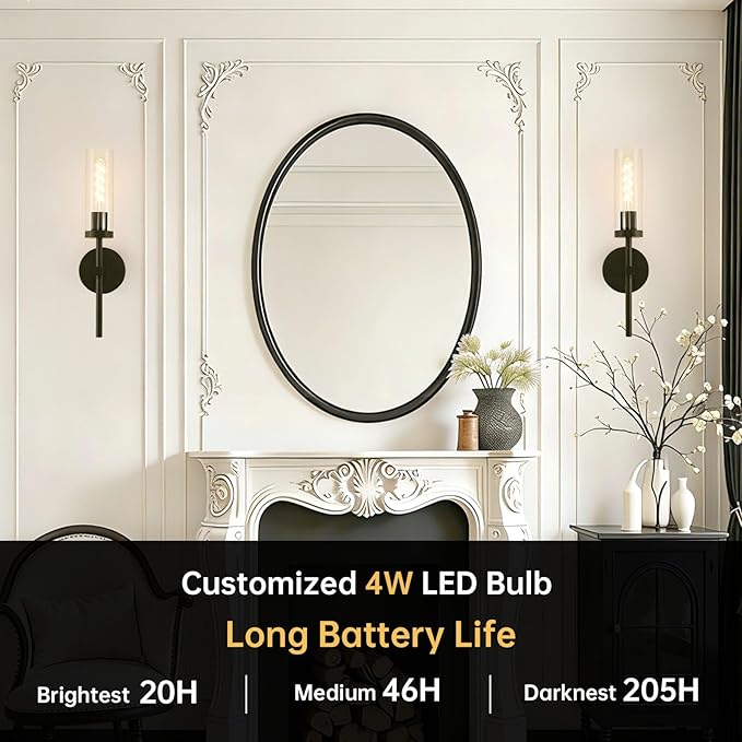 Shenmoyl Battery Operated Wall Sconces Set of 2, Black Rechargeable Wall Lighting Fixtures, Dimmable Wall Lights with Remote & Clear Glass Shade for Living Room, Bathroom,Bedroom