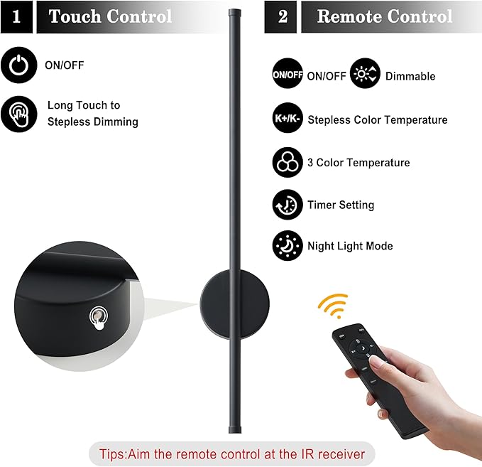 Battery Operated Modern Wall Sconces Set of Two,Rechargeable Wireless Wall Lights with Remote Control,Dimmable,3CCT,Timer,360°Rotation,Cordless Lighting for Bedroom,Living Room,Hallway,Black,23.6 Inch
