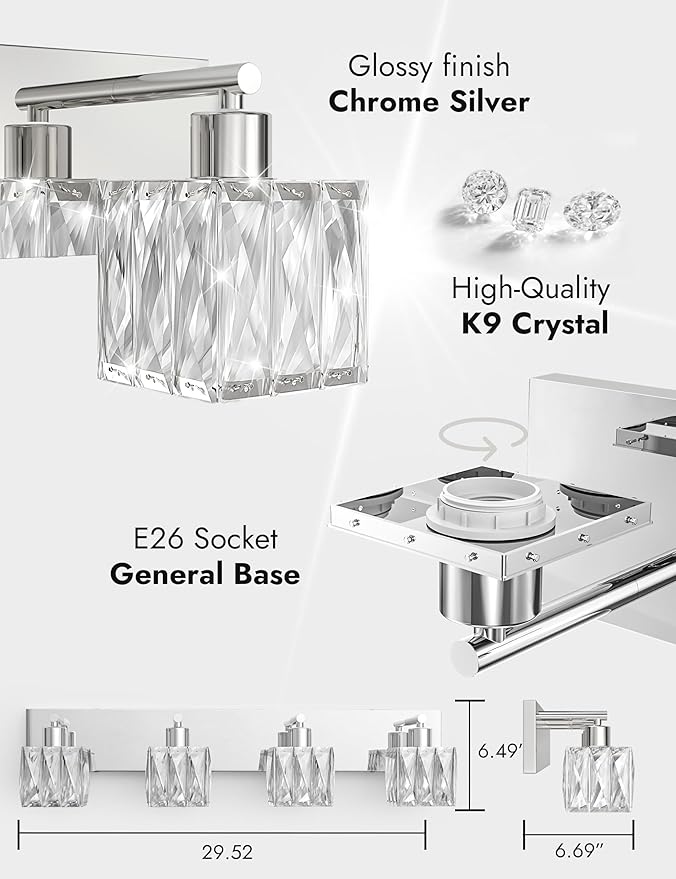 VOLISUN Chrome Bathroom Light Fixtures, Modern Stainless Steel Bathroom Lighting Fixtures Over Mirror, 4 Light Bathrooms Vanity Light, Crystal Vanity Light for Bathrooms-UL Certificated(Exclude Bulb)