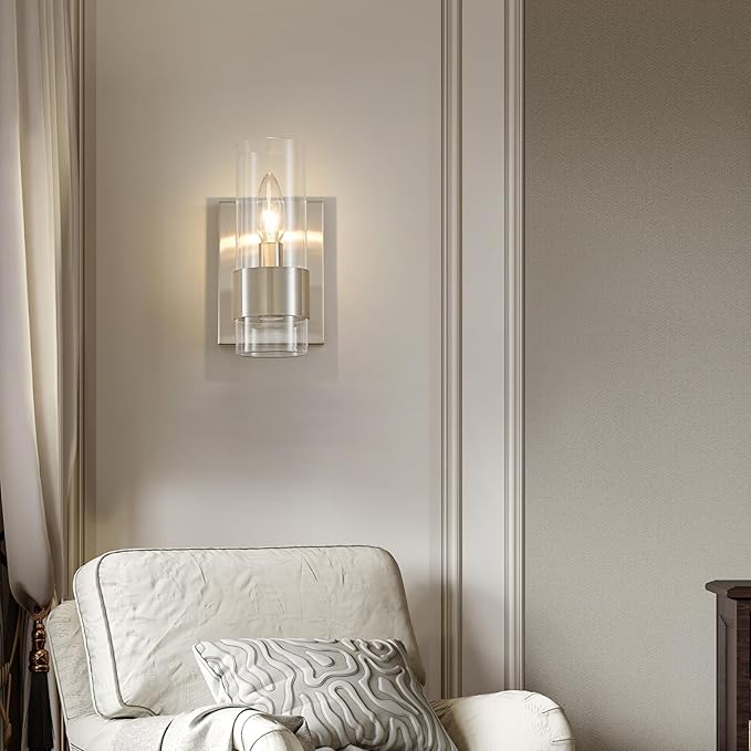 WUZUPS Set of 2 1-Light Bathroom Wall Light Fixture Over Mirror Flat Class Shade Morden Vanity Scones for Bathroom Bedroom Living Room, E12 Base, Brushed Nickel
