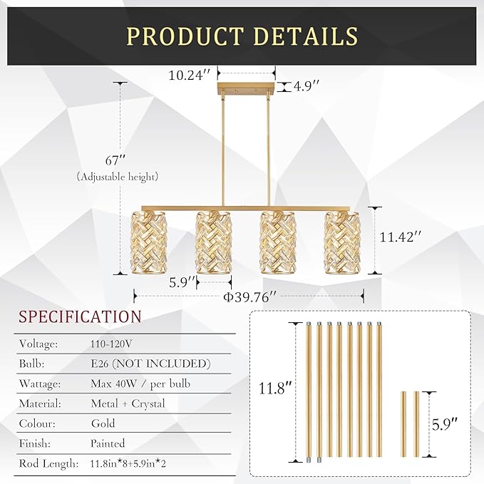 CATINER Gold Crystal Kitchen Island Lighting 40" Modern Linear Chandelier 4 Lights Ceiling Pendant Light Fixture Luxury for Kitchen Dining Room Living Room